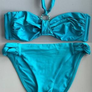 Betsy Johnson Teal Bandeau Ring Halter Bikini Top sz L & Loop Side Bottoms sz M